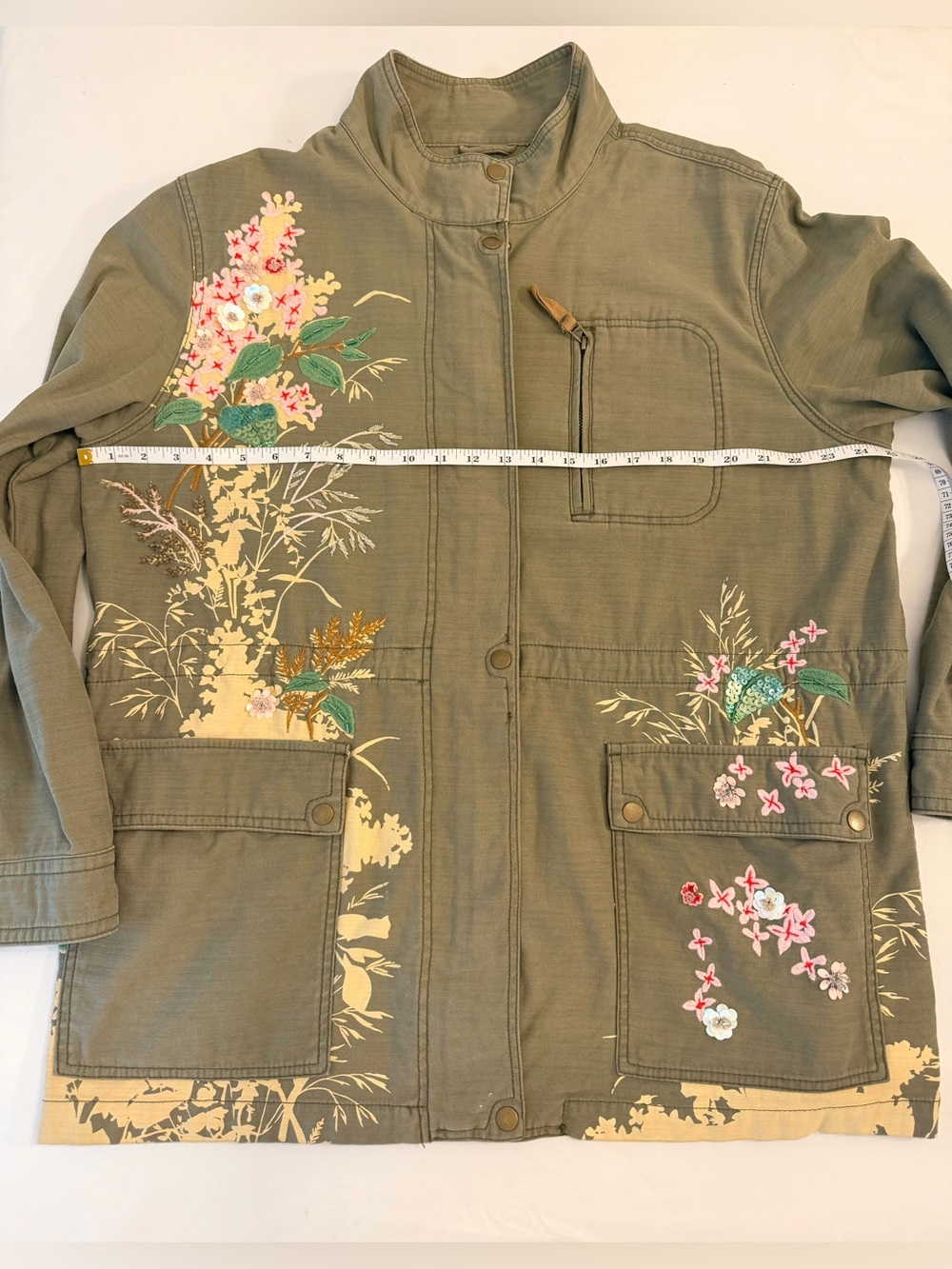 Anthropologie Olive Green Embroidered Beaded  Floral Utility Shacket Size XL - Picture 14 of 15